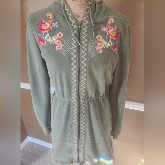Green Embroidered Zip-Up Dress Sz Med - Picture 2 of 9